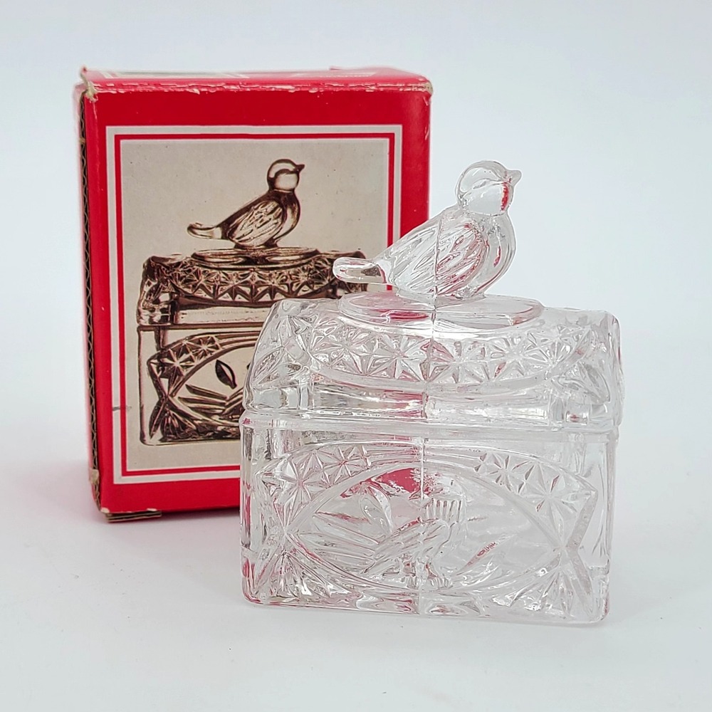 Vintage Lidded Bleikristall Hofbauer Cut Lead Crystal Trinket Box w/ Bird